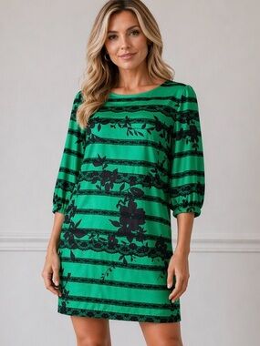 Uncle Frank Satin Floral Shift Dress Stripe Lace Trim Green Black S
